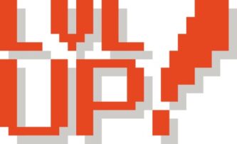 LVLup logo, punane tekst halli varjuga pikslilises stiilis.