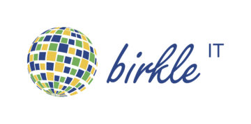 birkle IT logo, gloobus mosaiigi mustriga kollase, sinise ja rohelisega, kõrval kaldkirjas sinisega birkle, üleval nurgas IT