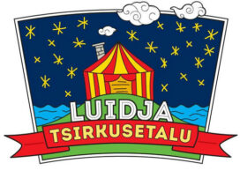 Luidja tsirkusetalu logo: värviline pilt tsirkusetelgist tähistaeva taustal, hele kiri Luidja tsirkusetalu esiplaanil.